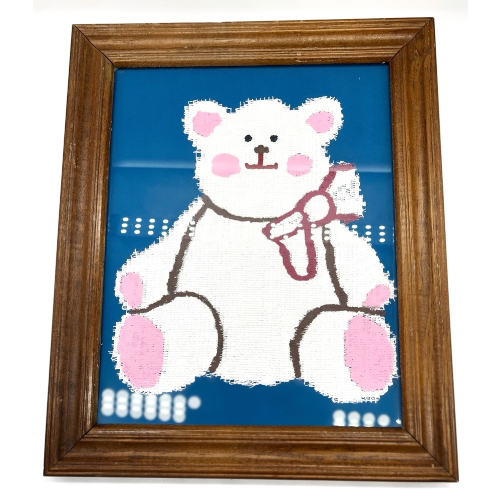 Vintage 80s Teddy Bear Wall Decor Framed Fabric Girls Room Children’s Room Art
